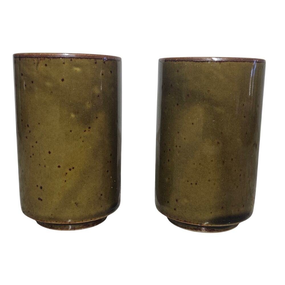 Vintage Otagiri Pottery Glazed Juice Sake Shot Cups Wheat Green Print Set of 2 - Picture 6 of 7